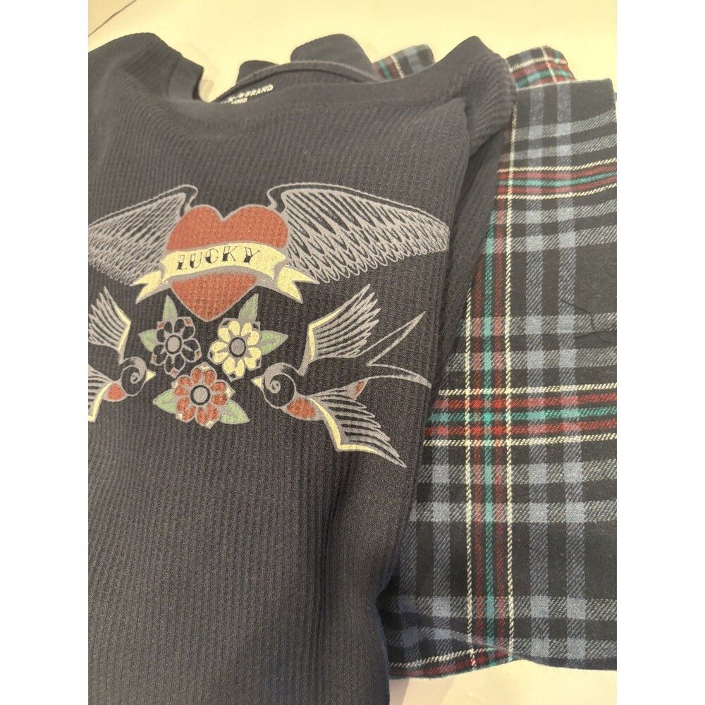 New Lucky Brand Men's 2-Pc Pajama Soft  Jersey & Plaid Flannel Pant Set M